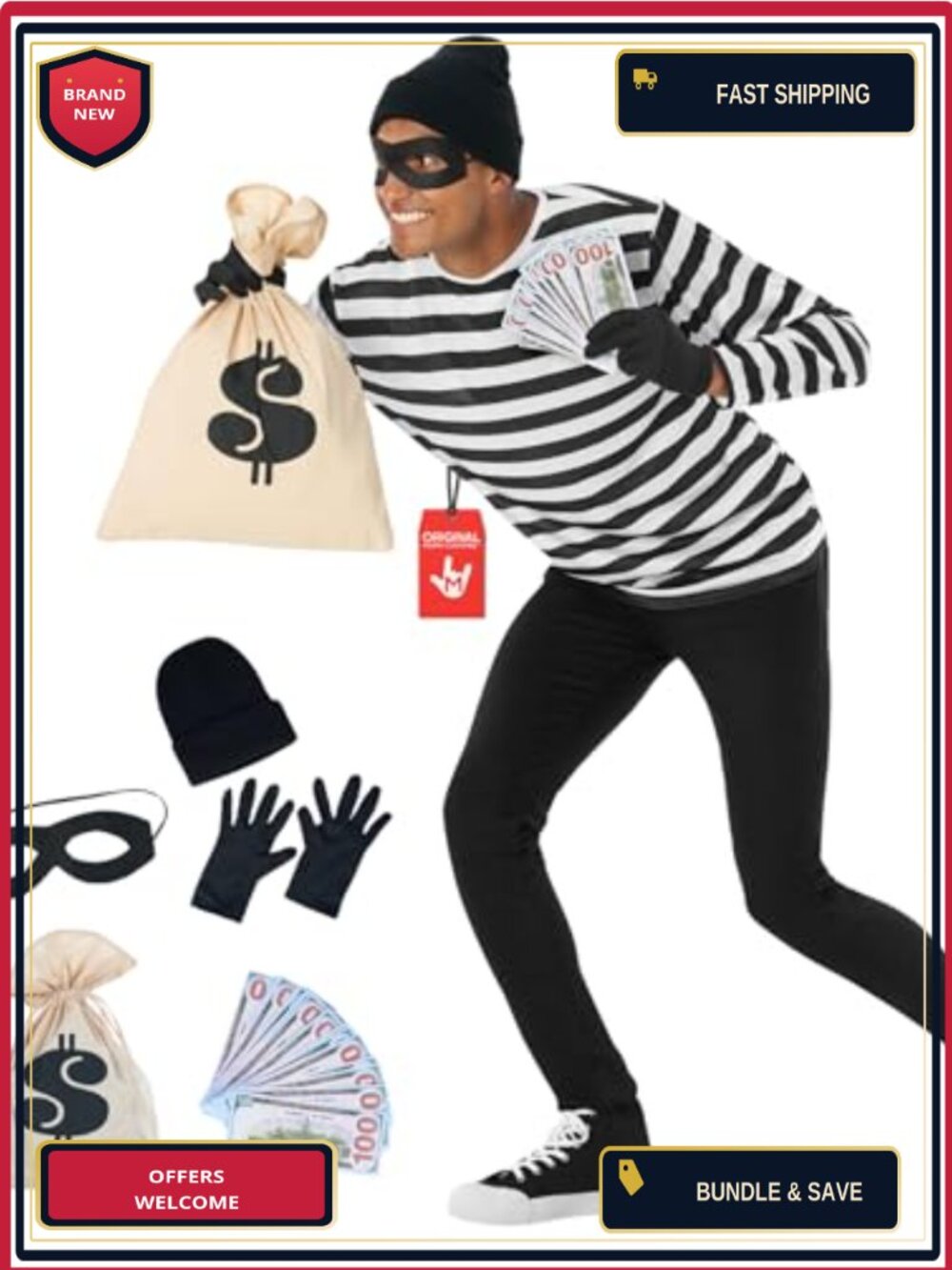 Men's Robber Costume Set Striped Shirt Mask Beanie Gloves Money Bag Halloween